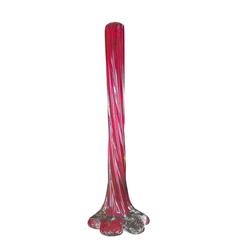 Midcentury Narrow Stemmed Red Twisted Art Bud Vase with Elephant Foot 11.5